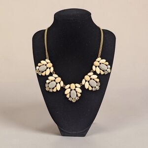 J. Crew Cream & Gray Bib Necklace Clear Rhinestones Statement Piece